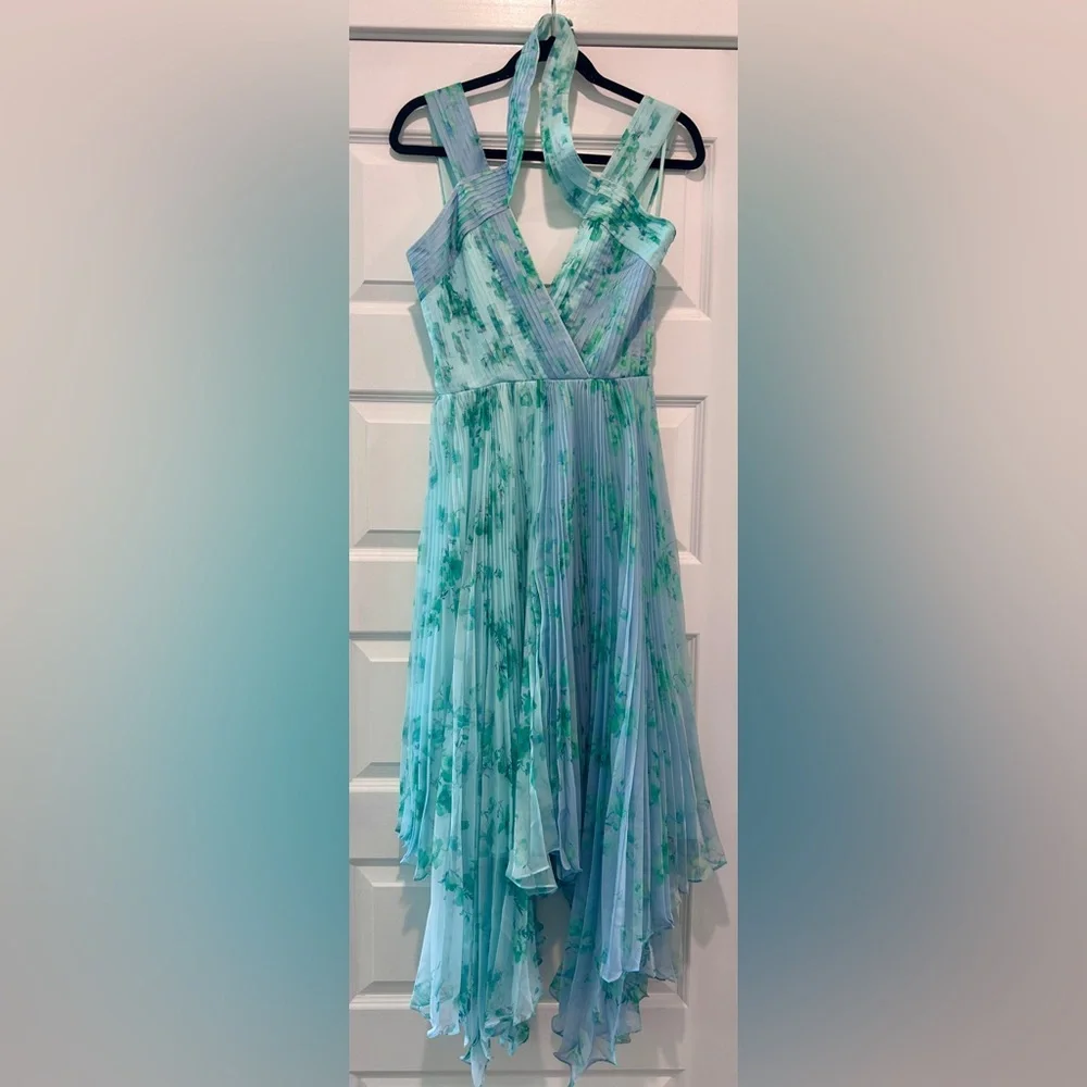 THEIA Pleated Chiffon Dress Blue Green Watercolor Halter Midi 4 Wedding Guest